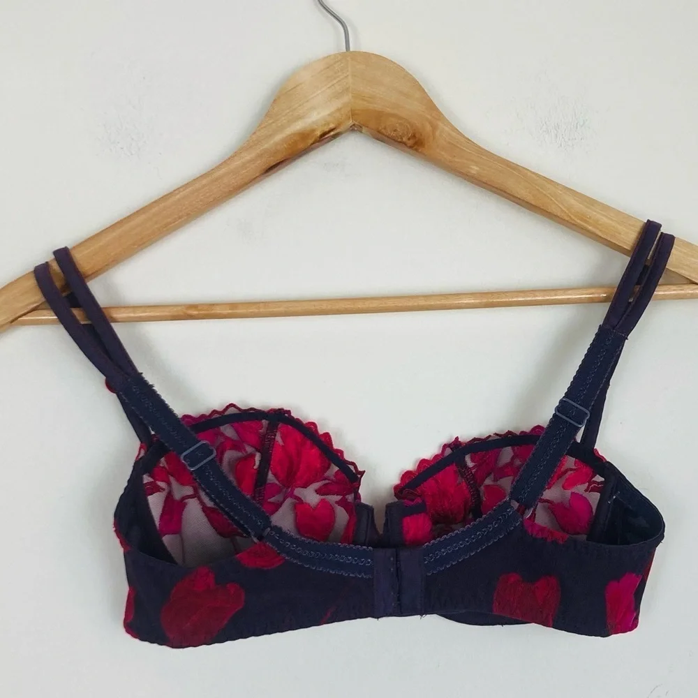 Aubade balconette bra in sheer purple color with red pink floral details. 32D